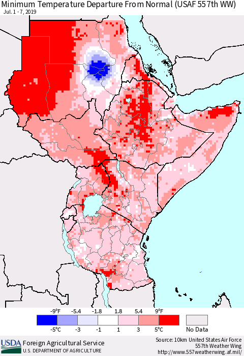 Eastern Africa Mean Minimum Temperature Departure from Normal (USAF 557th WW) Thematic Map For 7/1/2019 - 7/7/2019