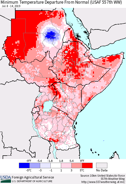 Eastern Africa Mean Minimum Temperature Departure from Normal (USAF 557th WW) Thematic Map For 7/8/2019 - 7/14/2019
