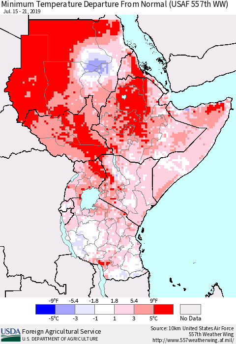 Eastern Africa Mean Minimum Temperature Departure from Normal (USAF 557th WW) Thematic Map For 7/15/2019 - 7/21/2019