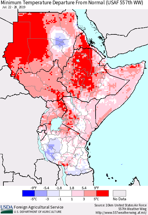Eastern Africa Mean Minimum Temperature Departure from Normal (USAF 557th WW) Thematic Map For 7/22/2019 - 7/28/2019