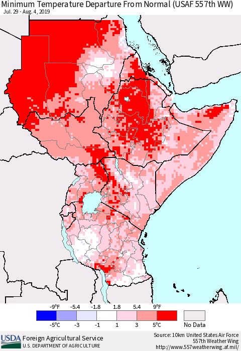 Eastern Africa Mean Minimum Temperature Departure from Normal (USAF 557th WW) Thematic Map For 7/29/2019 - 8/4/2019