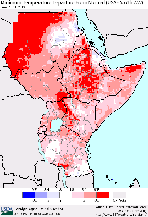 Eastern Africa Mean Minimum Temperature Departure from Normal (USAF 557th WW) Thematic Map For 8/5/2019 - 8/11/2019