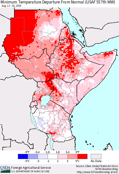 Eastern Africa Mean Minimum Temperature Departure from Normal (USAF 557th WW) Thematic Map For 8/12/2019 - 8/18/2019