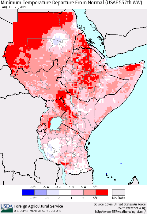 Eastern Africa Mean Minimum Temperature Departure from Normal (USAF 557th WW) Thematic Map For 8/19/2019 - 8/25/2019