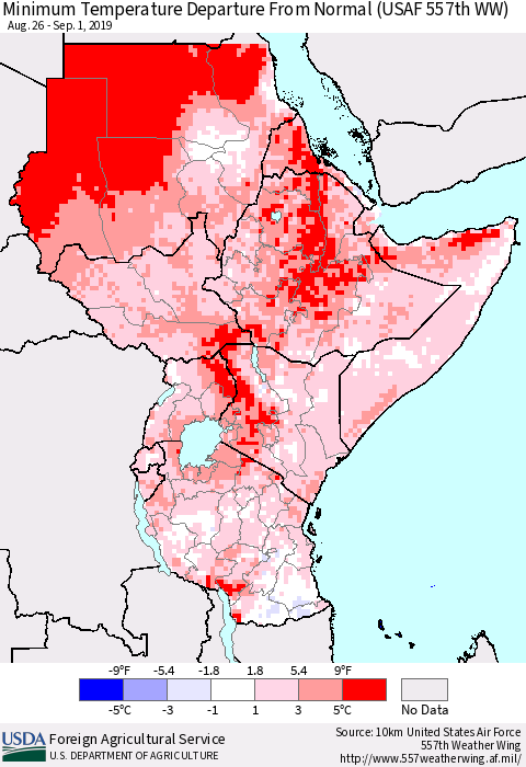 Eastern Africa Mean Minimum Temperature Departure from Normal (USAF 557th WW) Thematic Map For 8/26/2019 - 9/1/2019