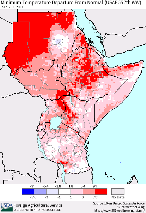 Eastern Africa Mean Minimum Temperature Departure from Normal (USAF 557th WW) Thematic Map For 9/2/2019 - 9/8/2019