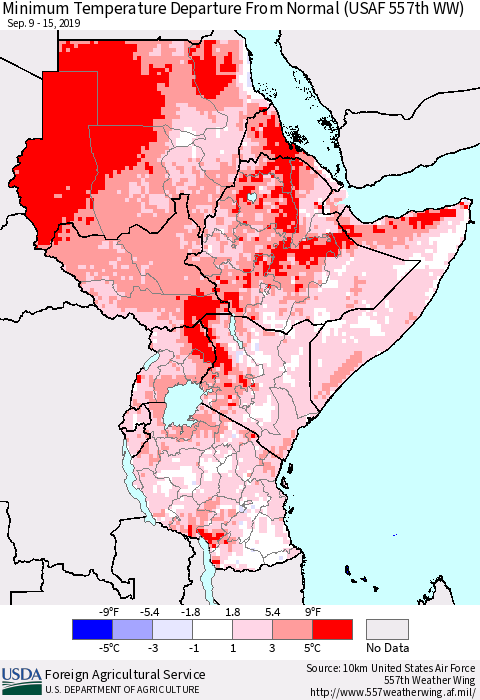 Eastern Africa Mean Minimum Temperature Departure from Normal (USAF 557th WW) Thematic Map For 9/9/2019 - 9/15/2019