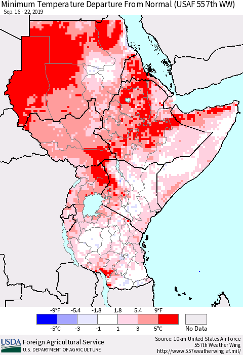 Eastern Africa Mean Minimum Temperature Departure from Normal (USAF 557th WW) Thematic Map For 9/16/2019 - 9/22/2019
