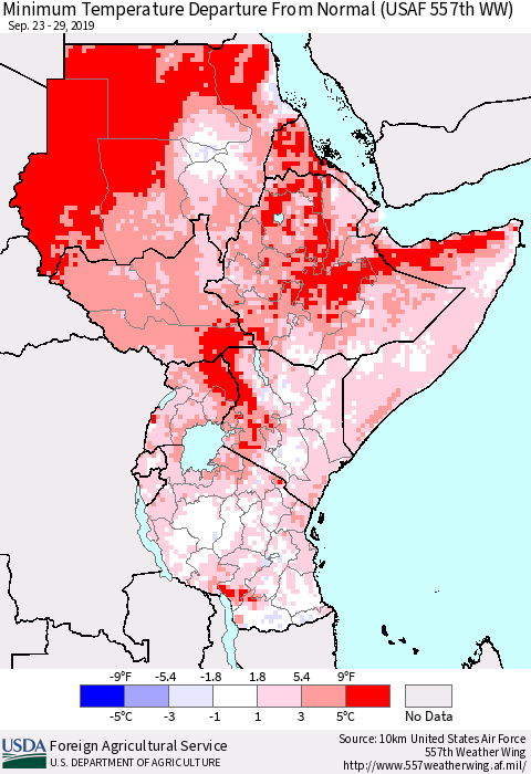 Eastern Africa Mean Minimum Temperature Departure from Normal (USAF 557th WW) Thematic Map For 9/23/2019 - 9/29/2019