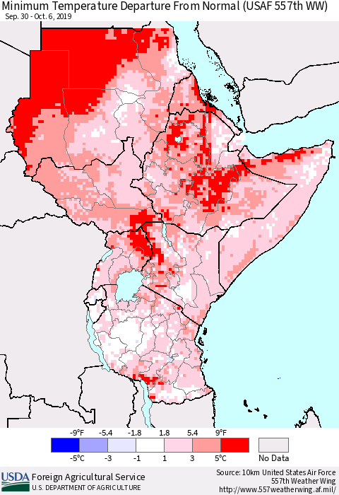 Eastern Africa Mean Minimum Temperature Departure from Normal (USAF 557th WW) Thematic Map For 9/30/2019 - 10/6/2019