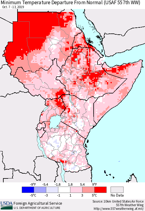 Eastern Africa Mean Minimum Temperature Departure from Normal (USAF 557th WW) Thematic Map For 10/7/2019 - 10/13/2019