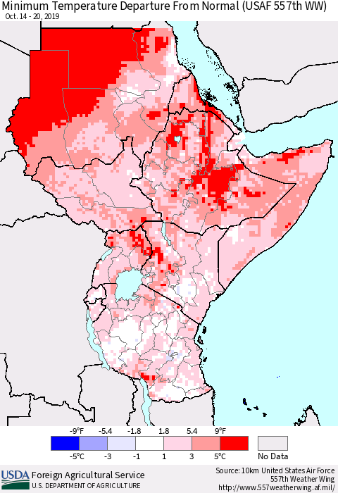 Eastern Africa Mean Minimum Temperature Departure from Normal (USAF 557th WW) Thematic Map For 10/14/2019 - 10/20/2019