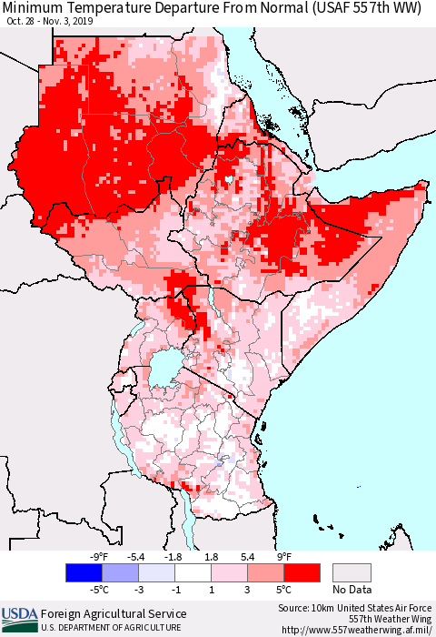 Eastern Africa Mean Minimum Temperature Departure from Normal (USAF 557th WW) Thematic Map For 10/28/2019 - 11/3/2019