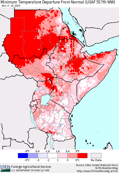 Eastern Africa Mean Minimum Temperature Departure from Normal (USAF 557th WW) Thematic Map For 11/4/2019 - 11/10/2019