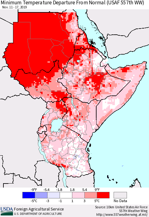Eastern Africa Mean Minimum Temperature Departure from Normal (USAF 557th WW) Thematic Map For 11/11/2019 - 11/17/2019
