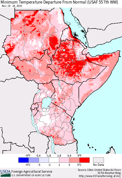 Eastern Africa Mean Minimum Temperature Departure from Normal (USAF 557th WW) Thematic Map For 11/18/2019 - 11/24/2019