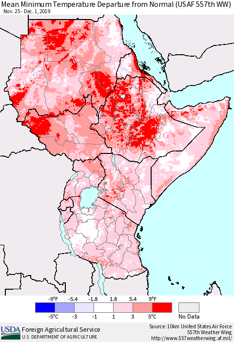 Eastern Africa Mean Minimum Temperature Departure from Normal (USAF 557th WW) Thematic Map For 11/25/2019 - 12/1/2019