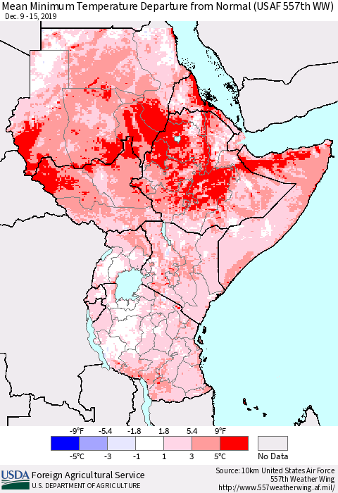 Eastern Africa Mean Minimum Temperature Departure from Normal (USAF 557th WW) Thematic Map For 12/9/2019 - 12/15/2019