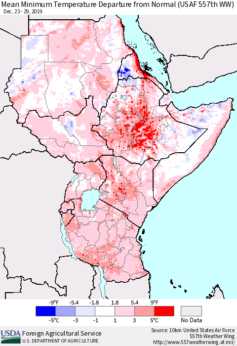 Eastern Africa Mean Minimum Temperature Departure from Normal (USAF 557th WW) Thematic Map For 12/23/2019 - 12/29/2019