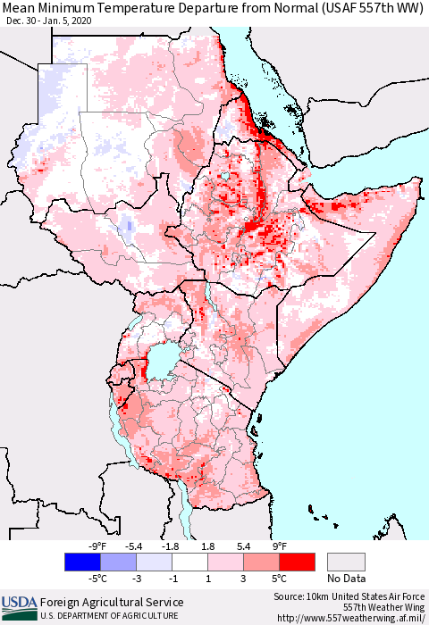 Eastern Africa Mean Minimum Temperature Departure from Normal (USAF 557th WW) Thematic Map For 12/30/2019 - 1/5/2020