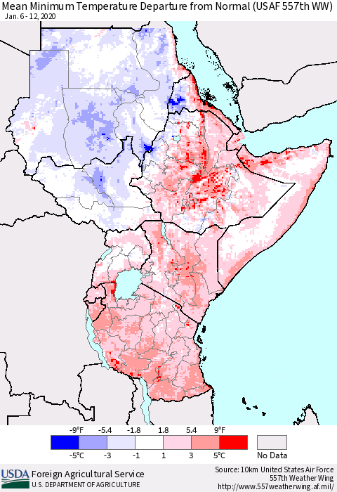Eastern Africa Mean Minimum Temperature Departure from Normal (USAF 557th WW) Thematic Map For 1/6/2020 - 1/12/2020
