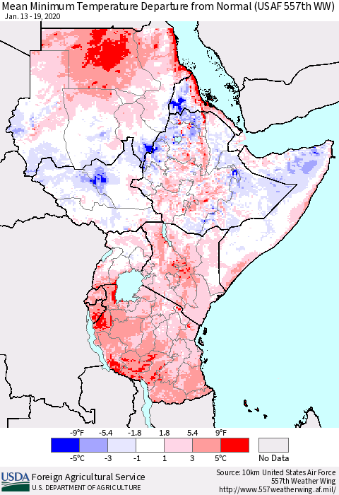 Eastern Africa Mean Minimum Temperature Departure from Normal (USAF 557th WW) Thematic Map For 1/13/2020 - 1/19/2020