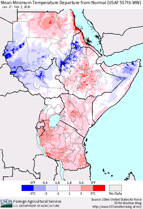 Eastern Africa Mean Minimum Temperature Departure from Normal (USAF 557th WW) Thematic Map For 1/27/2020 - 2/2/2020