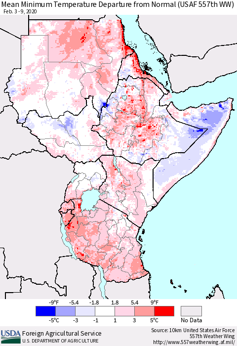 Eastern Africa Mean Minimum Temperature Departure from Normal (USAF 557th WW) Thematic Map For 2/3/2020 - 2/9/2020