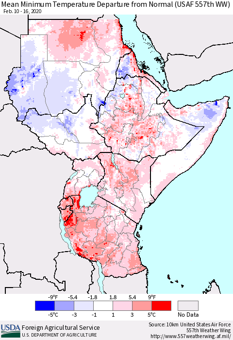 Eastern Africa Mean Minimum Temperature Departure from Normal (USAF 557th WW) Thematic Map For 2/10/2020 - 2/16/2020