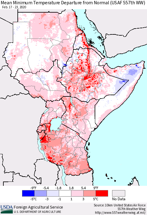 Eastern Africa Mean Minimum Temperature Departure from Normal (USAF 557th WW) Thematic Map For 2/17/2020 - 2/23/2020