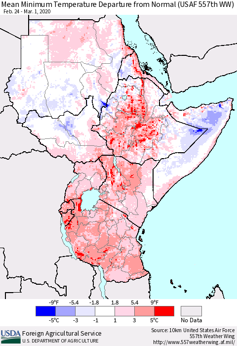 Eastern Africa Mean Minimum Temperature Departure from Normal (USAF 557th WW) Thematic Map For 2/24/2020 - 3/1/2020