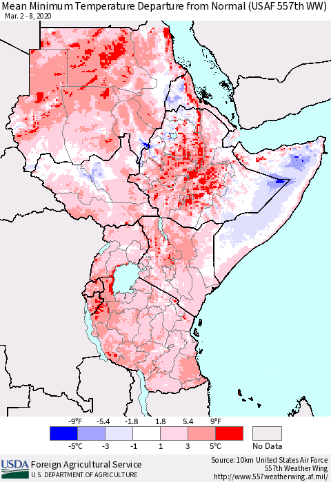 Eastern Africa Mean Minimum Temperature Departure from Normal (USAF 557th WW) Thematic Map For 3/2/2020 - 3/8/2020