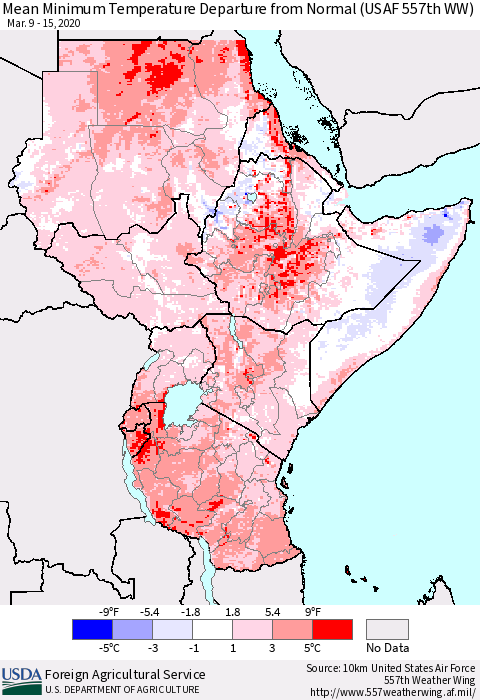 Eastern Africa Mean Minimum Temperature Departure from Normal (USAF 557th WW) Thematic Map For 3/9/2020 - 3/15/2020
