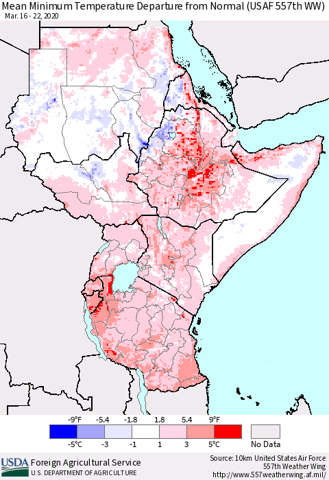Eastern Africa Mean Minimum Temperature Departure from Normal (USAF 557th WW) Thematic Map For 3/16/2020 - 3/22/2020