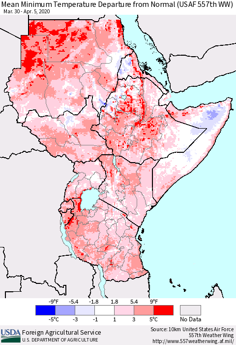 Eastern Africa Mean Minimum Temperature Departure from Normal (USAF 557th WW) Thematic Map For 3/30/2020 - 4/5/2020