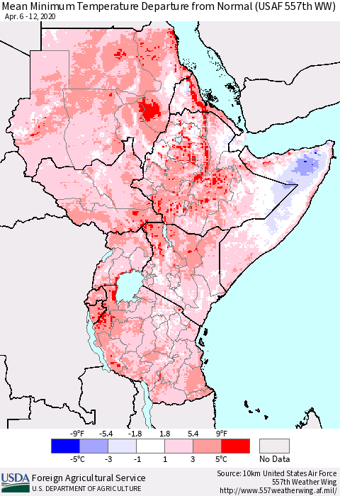 Eastern Africa Mean Minimum Temperature Departure from Normal (USAF 557th WW) Thematic Map For 4/6/2020 - 4/12/2020