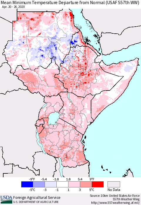 Eastern Africa Mean Minimum Temperature Departure from Normal (USAF 557th WW) Thematic Map For 4/20/2020 - 4/26/2020