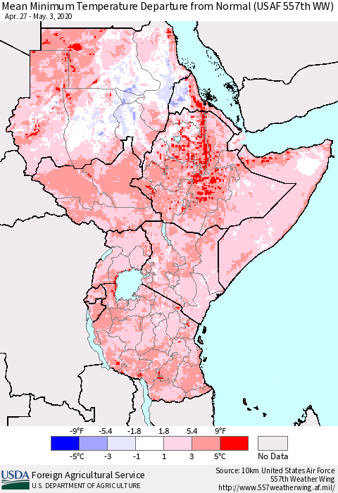 Eastern Africa Mean Minimum Temperature Departure from Normal (USAF 557th WW) Thematic Map For 4/27/2020 - 5/3/2020