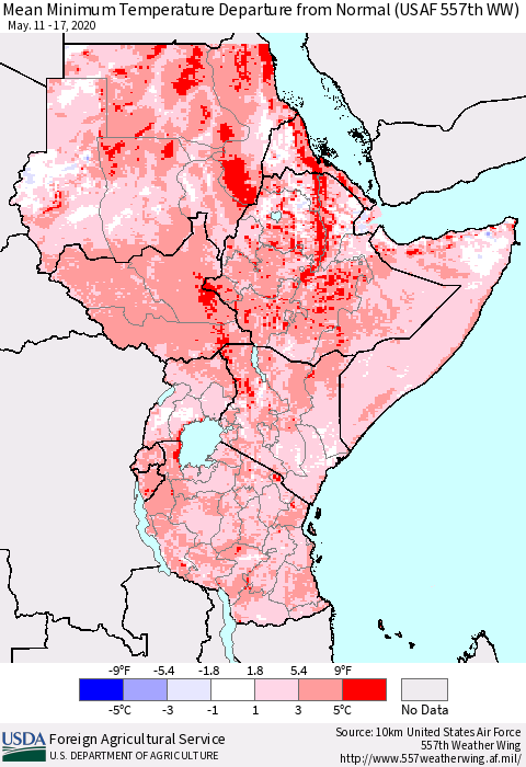 Eastern Africa Mean Minimum Temperature Departure from Normal (USAF 557th WW) Thematic Map For 5/11/2020 - 5/17/2020