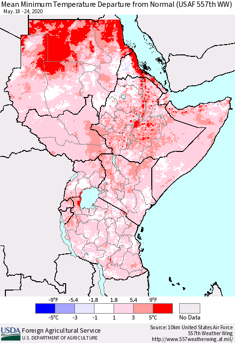 Eastern Africa Mean Minimum Temperature Departure from Normal (USAF 557th WW) Thematic Map For 5/18/2020 - 5/24/2020