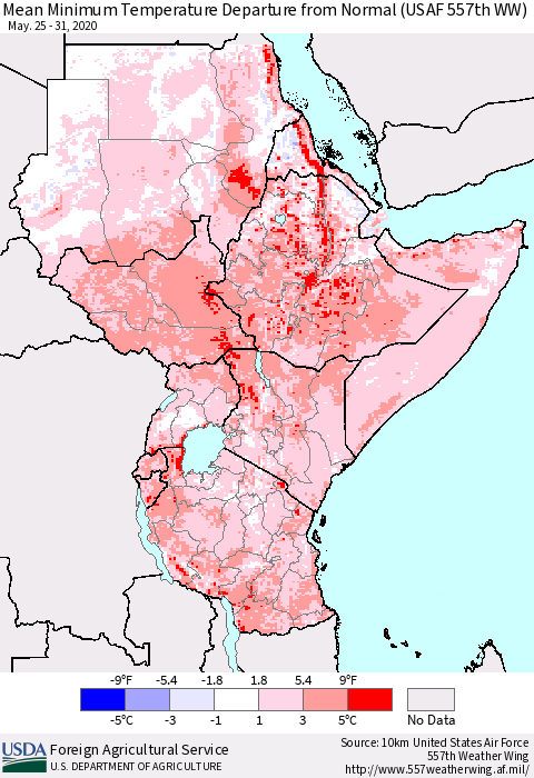 Eastern Africa Mean Minimum Temperature Departure from Normal (USAF 557th WW) Thematic Map For 5/25/2020 - 5/31/2020