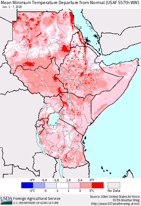 Eastern Africa Mean Minimum Temperature Departure from Normal (USAF 557th WW) Thematic Map For 6/1/2020 - 6/7/2020