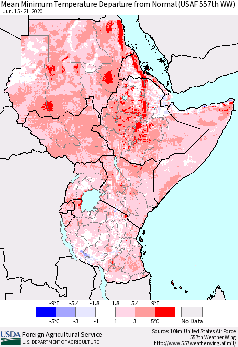 Eastern Africa Mean Minimum Temperature Departure from Normal (USAF 557th WW) Thematic Map For 6/15/2020 - 6/21/2020