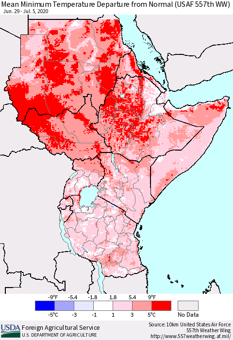 Eastern Africa Mean Minimum Temperature Departure from Normal (USAF 557th WW) Thematic Map For 6/29/2020 - 7/5/2020