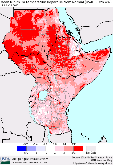Eastern Africa Mean Minimum Temperature Departure from Normal (USAF 557th WW) Thematic Map For 7/6/2020 - 7/12/2020