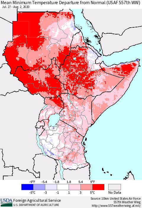 Eastern Africa Mean Minimum Temperature Departure from Normal (USAF 557th WW) Thematic Map For 7/27/2020 - 8/2/2020