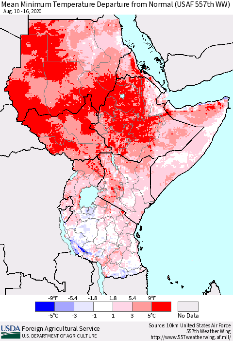 Eastern Africa Mean Minimum Temperature Departure from Normal (USAF 557th WW) Thematic Map For 8/10/2020 - 8/16/2020