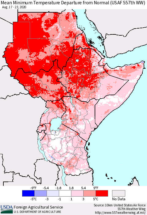 Eastern Africa Mean Minimum Temperature Departure from Normal (USAF 557th WW) Thematic Map For 8/17/2020 - 8/23/2020