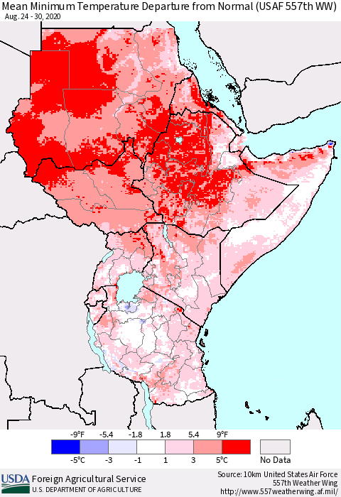 Eastern Africa Mean Minimum Temperature Departure from Normal (USAF 557th WW) Thematic Map For 8/24/2020 - 8/30/2020