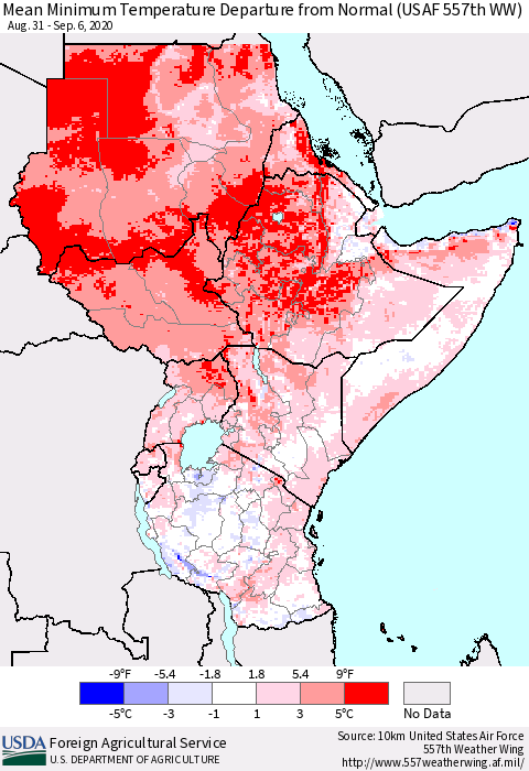 Eastern Africa Mean Minimum Temperature Departure from Normal (USAF 557th WW) Thematic Map For 8/31/2020 - 9/6/2020